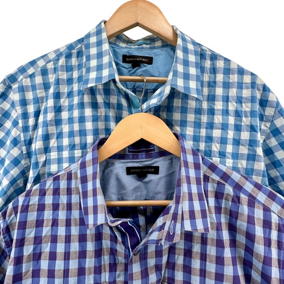 Banana Republic Other - Banana Republic Mens XL Blue White Gingham Short SL Button Down Stretch‎ Shirts